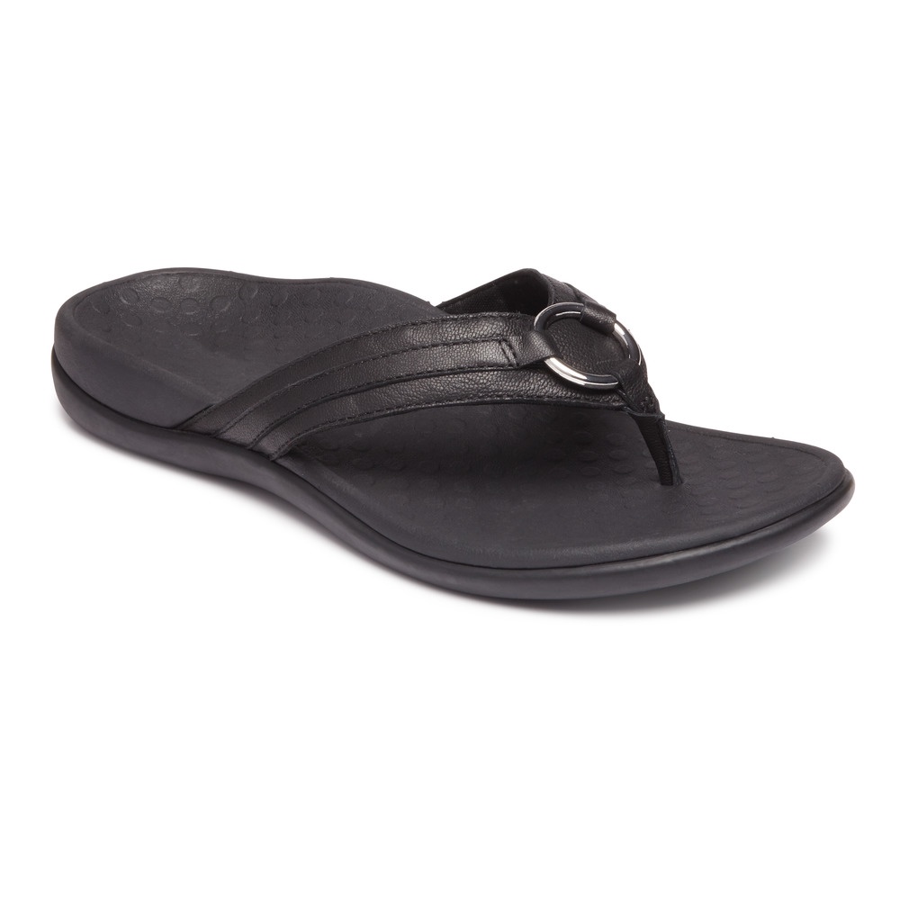 Vionic Aloe Leather Black Sandal Wanita