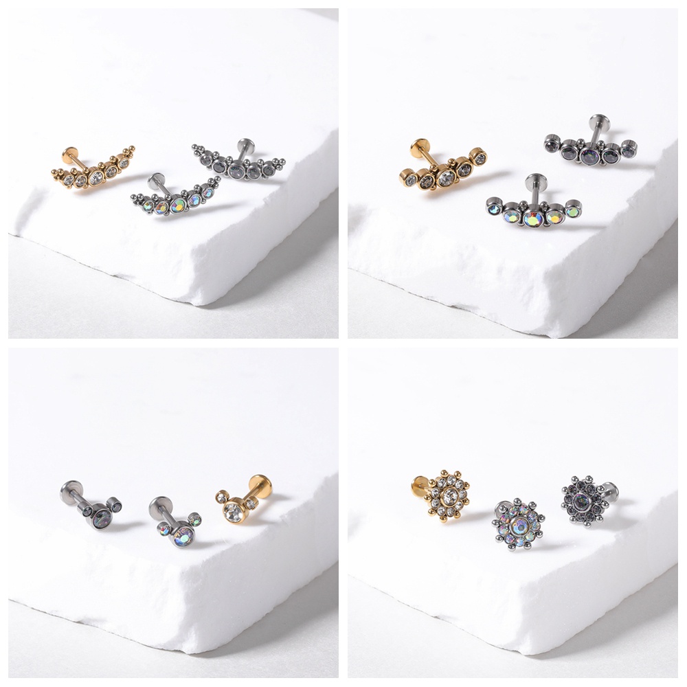 1 PC Anting Stud Kristal Berlian Imitasi Bahan Stainless Steel Untuk Tindik Bibir Tulang Rawan Telinga