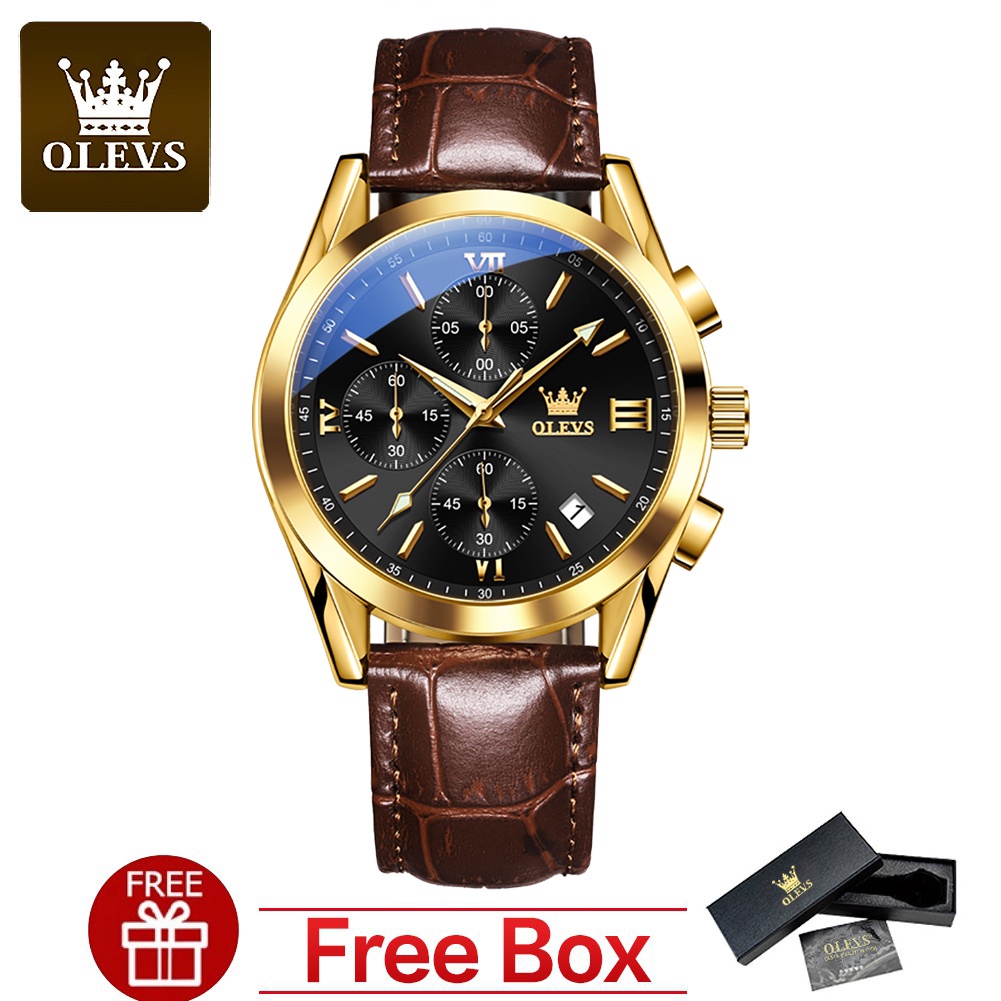 OLEVS Jam Tangan Pria Anti Air Original Asli Kulit Tahan Keren Ori Hitam Coklat Luxury Chronograph Watch Men Multifungsi