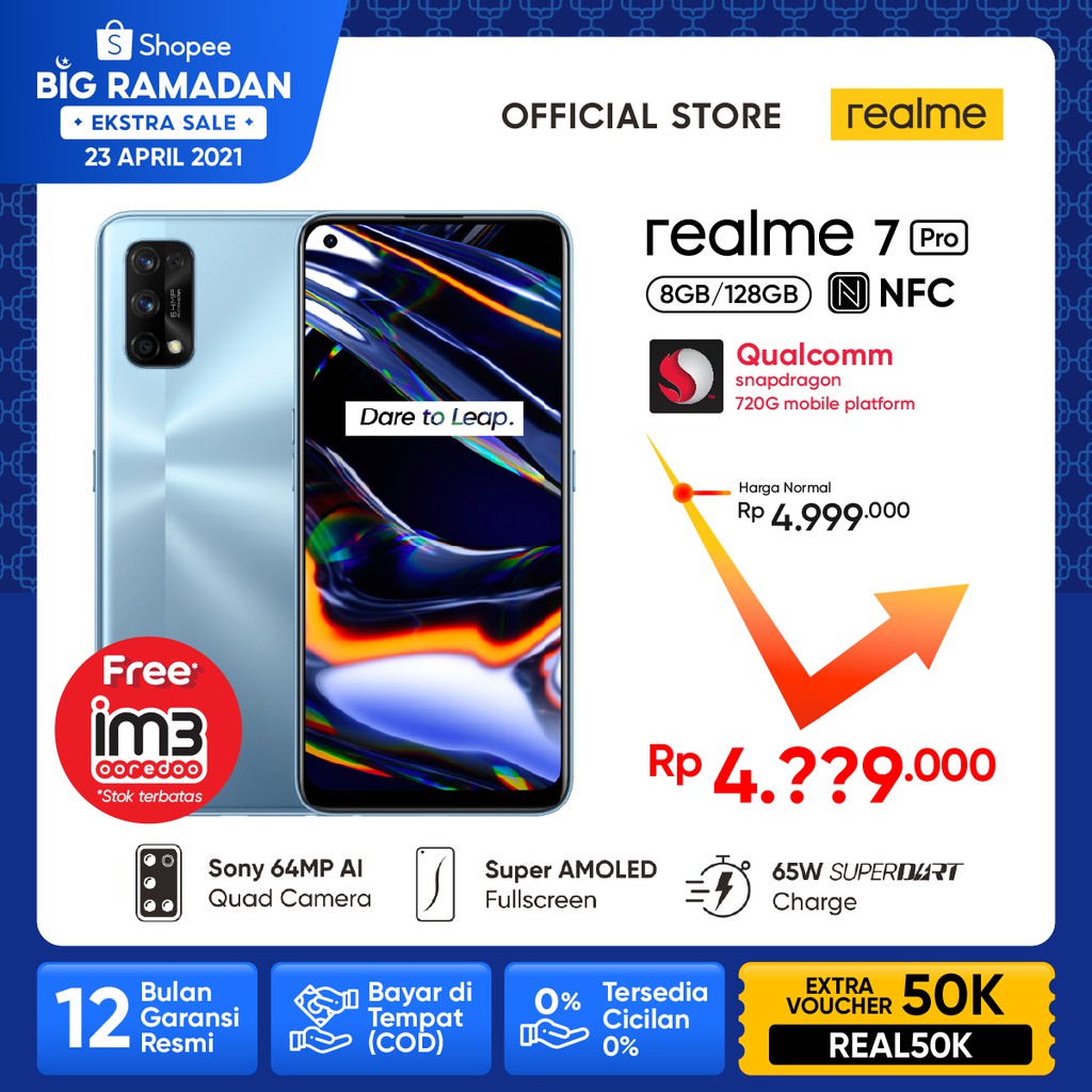 Promo Cuci Gudang Hp  HP realme 7 Pro 8/128GB[65W QC, Snapdragon 720G,NFC, 64MP Quad Camera, AMOLED]