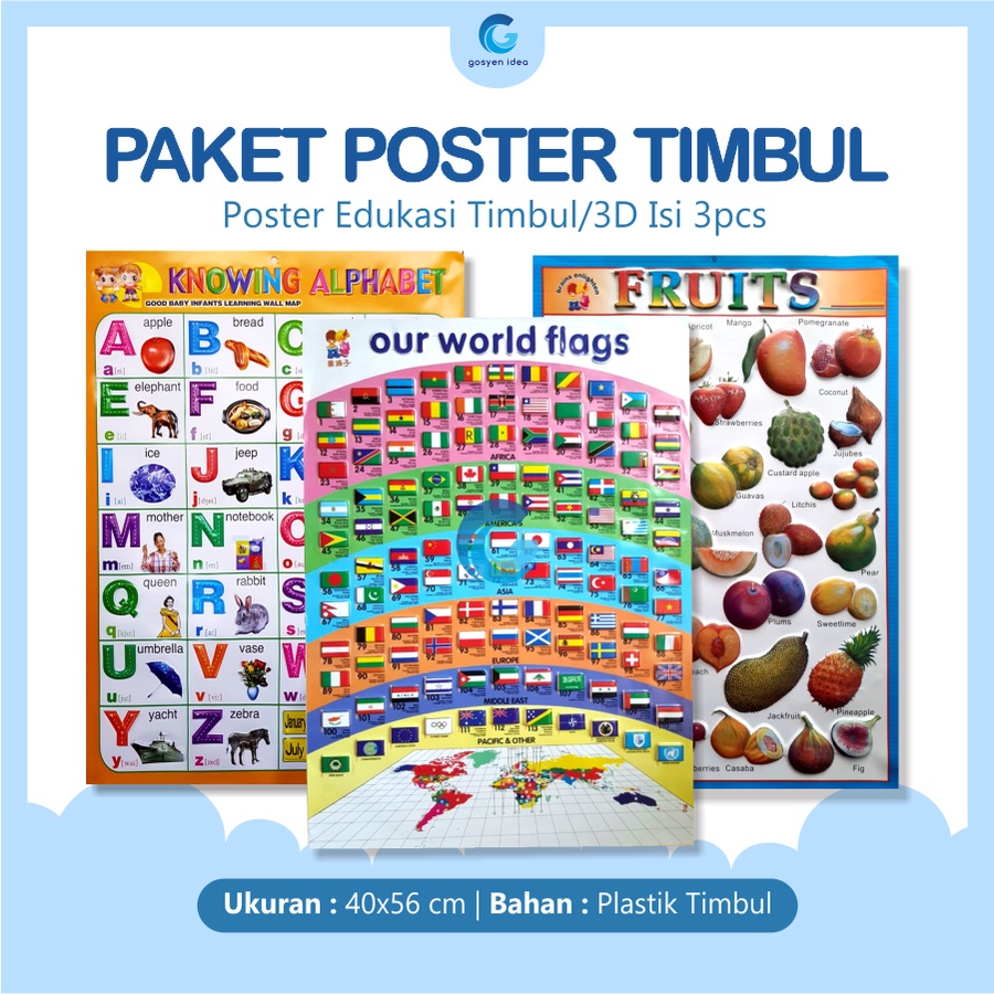 Paket 3 Poster Dinding Timbul Anak Belajar Edukasi Gambar ABC Buah Binatang Angka Bendera Matematika