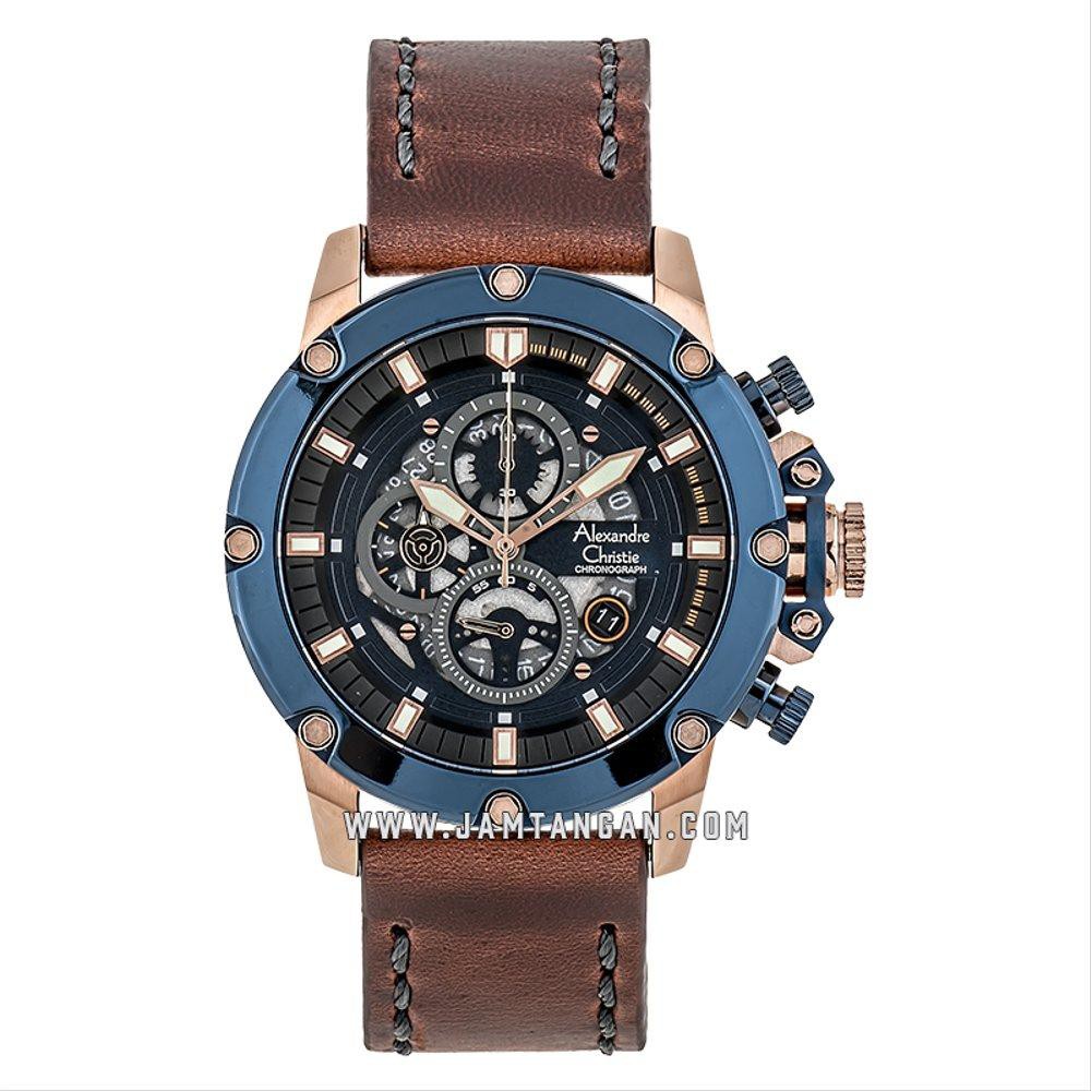 Diskon Alexandre Christie AC 6416 MC LURBU Man Blue Dial Brown Leather Strap Berkualitas