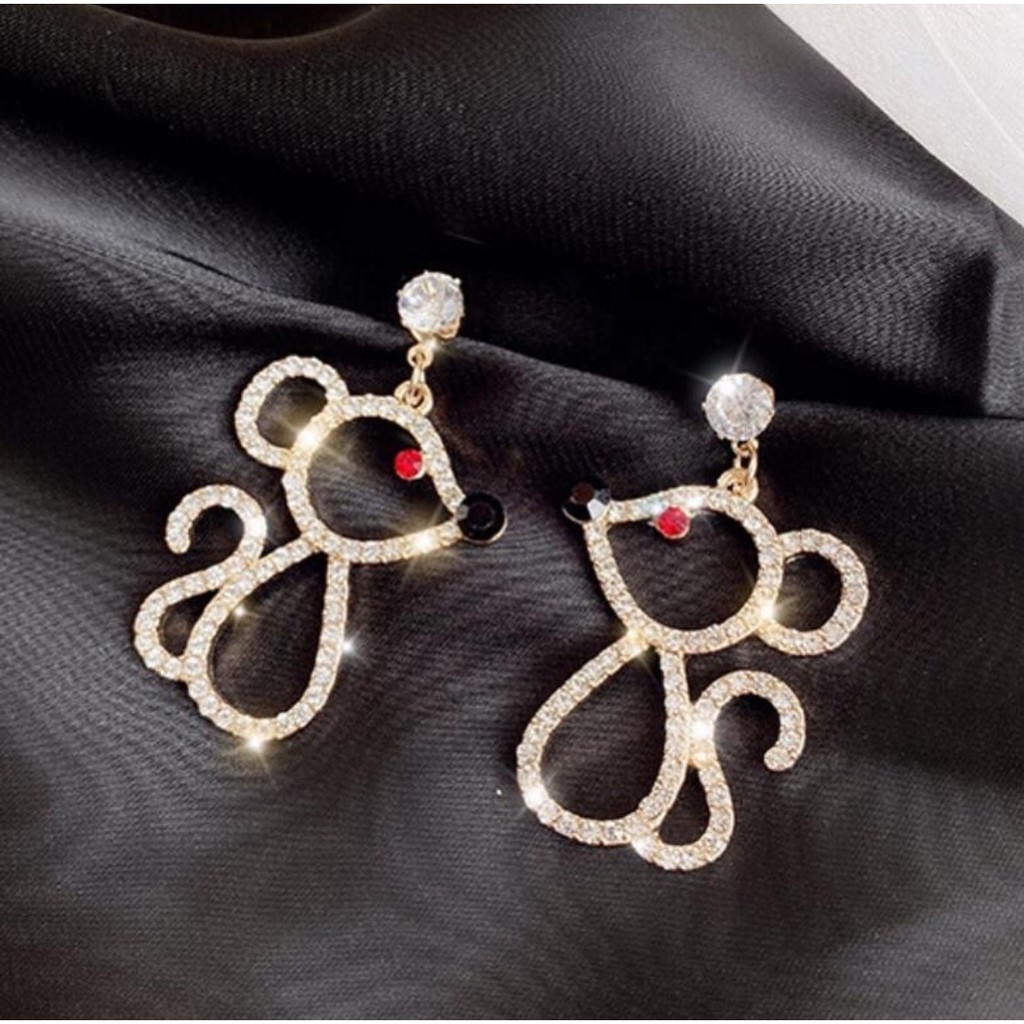 Anting tusuk - A-530 - premium - bentuk tikus - full diamond warna gold - black - red