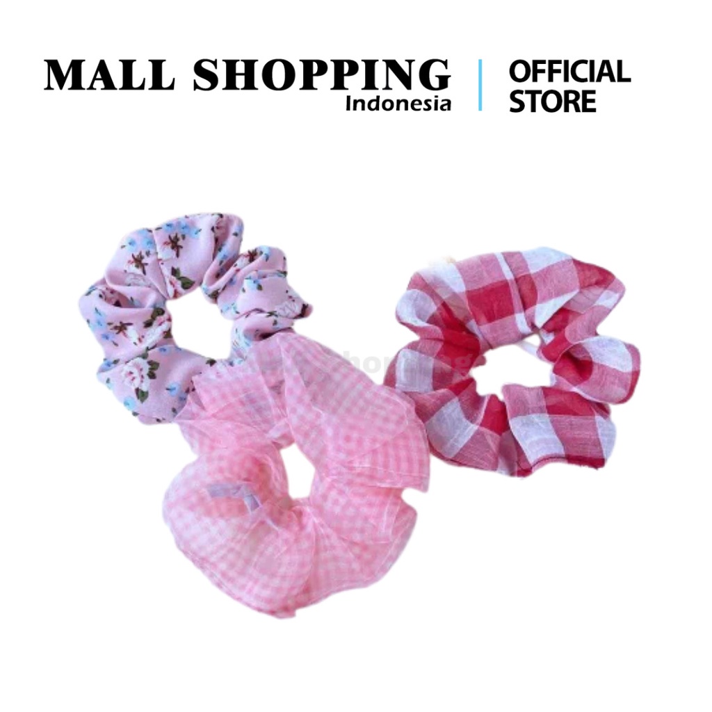 (COD) Ikat Rambut 3Pcs/ 1 pcs Set Bundle Plus POUCH FREE Scrunchies Korea Ponytail Sifon Elastis MALL SHOPPING