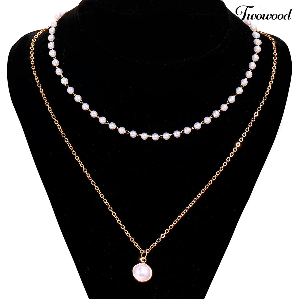 Kalung Rantai Klavikula Model Double Layer Aksen Mutiara Bahan Alloy Untuk Wanita