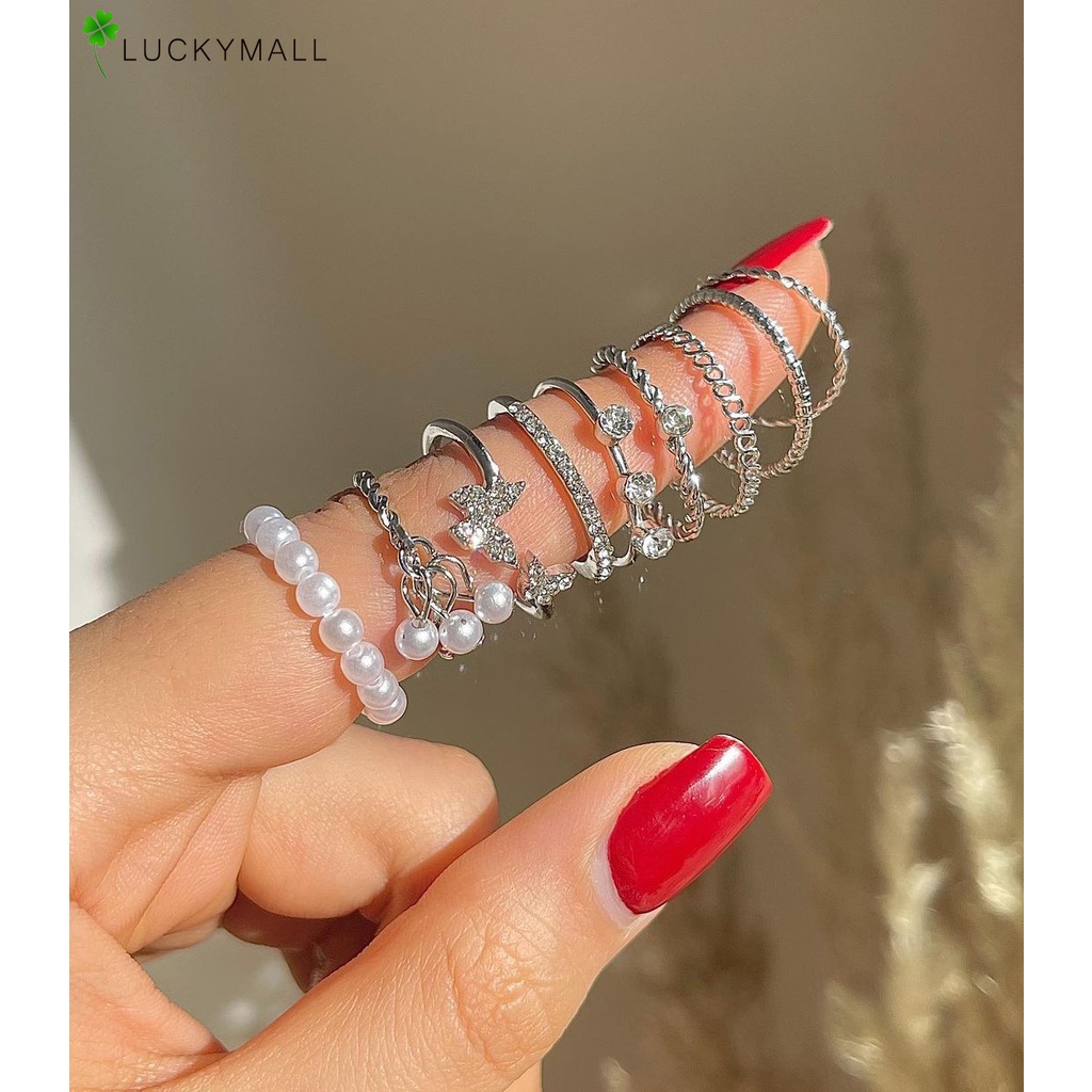 9 Pcs / Set Cincin Kristal Mutiara Model Hollow Tipis Untuk Wanita