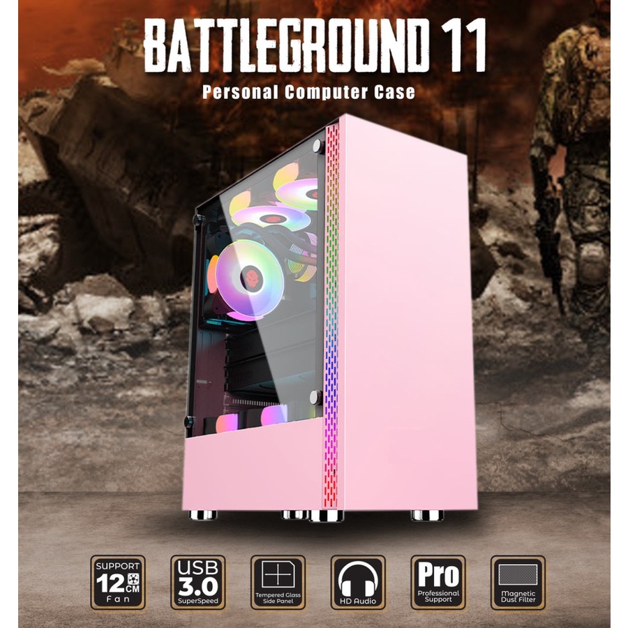 Casing Simbadda BattleGround 11 Pink ATX mATX Tempered Glass Case