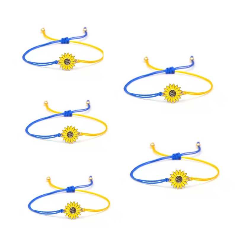 Gelang Persahabatan Tali Lilin Biru Kuning Kawat Alloy Hias Bunga Matahari Daisy