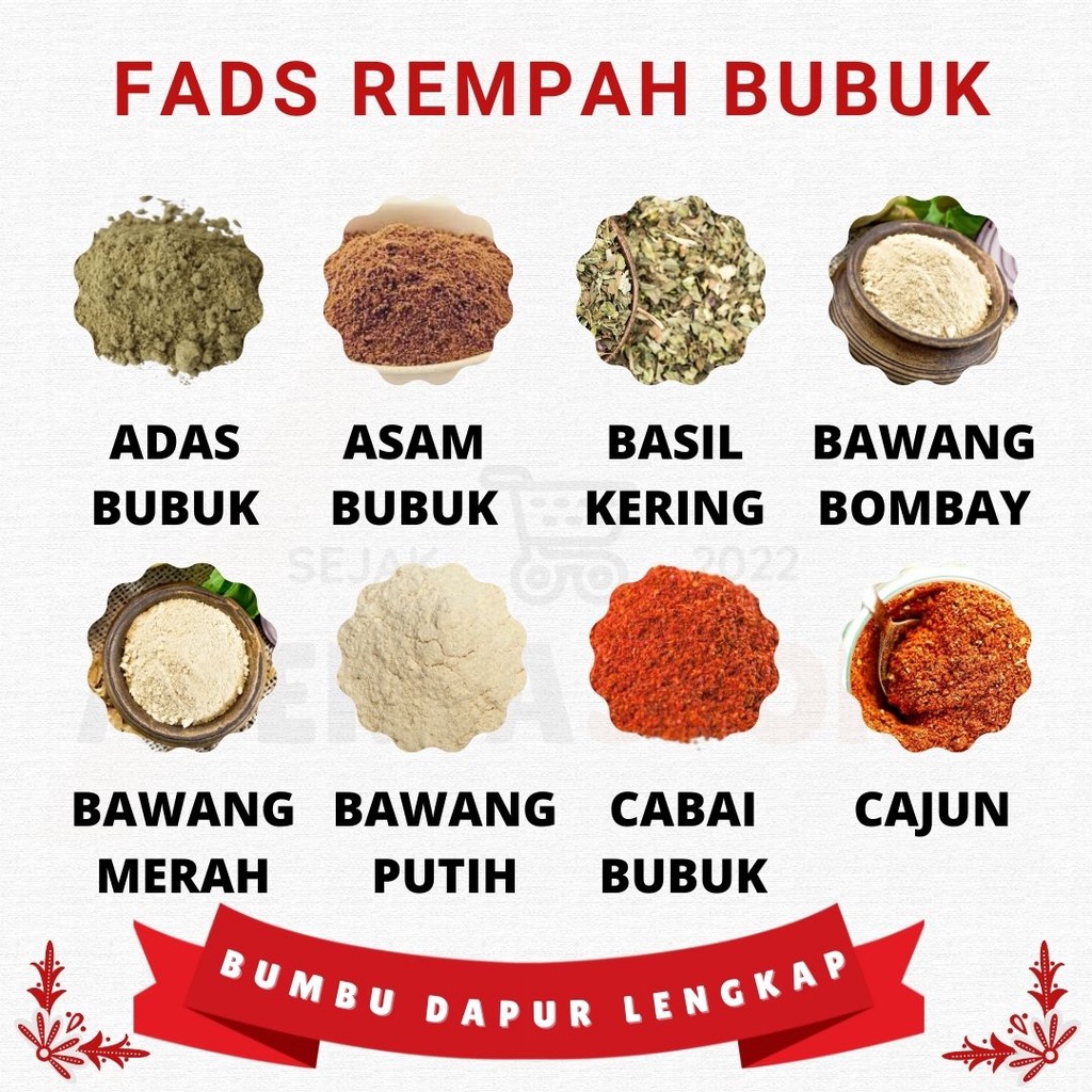 Fad's Bumbu Dapur Bubuk Lengkap 500gr - Rempah Bubuk Lengkap - Adas Asam Bawang Cabai Ngohiong Daun Jeruk Salam Gochugaru Jahe Jintan Kayu Manis Kemiri Kencur Ketumbar Kunyit Lada Hitam Lada Putih Laos Pala Paprika Selasih Serai Temulawak WIjen