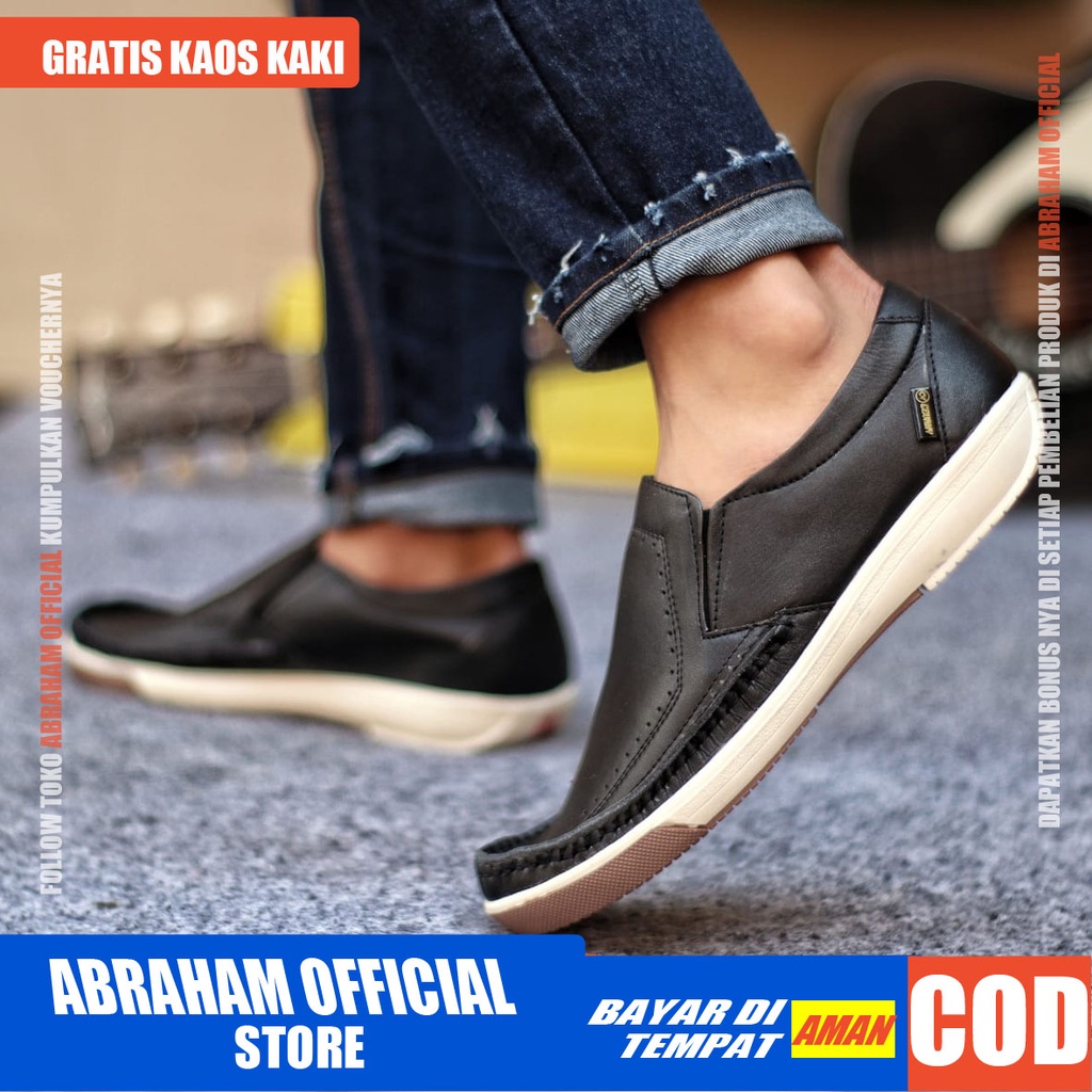 ABRHM X SANDRO Sepatu Slip On Pria Sepatu Pria Casual Cowok/Cowo Kulit Asli Sepatu Kasual Slop Anti Slip Semi Formal Kerja Kuliah Gaya Santai Keren Kekinian Original Murah Terlaris