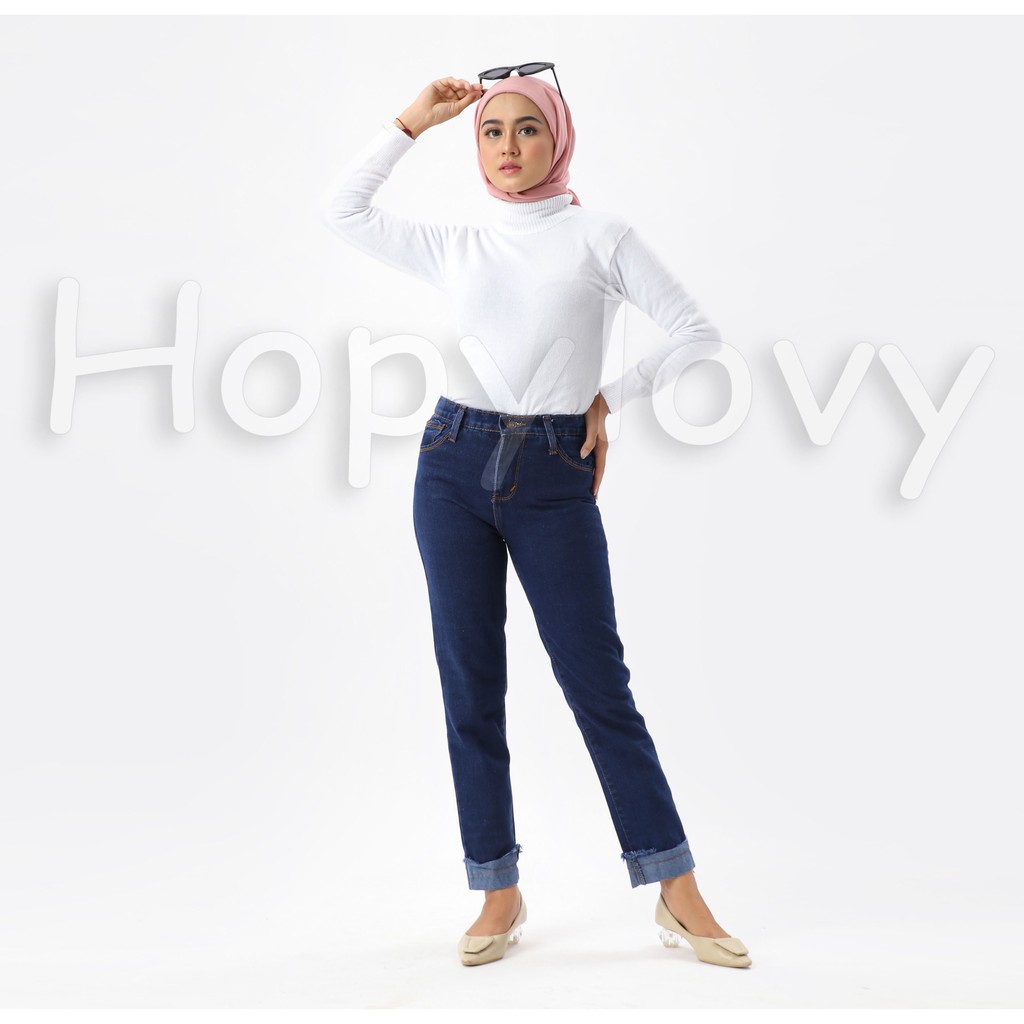 HOPYLOVY - Celana Boyfriend Jeans Wanita Model Rolled Up Rosetta