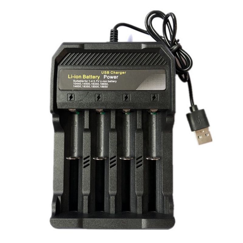 Terlaris charger baterai 18650 USB lithium 4 slot murah- hitam.