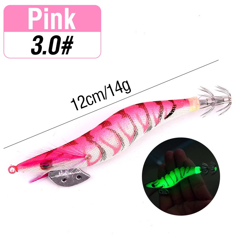 1pc Umpan Pancing Cumi-Cumi / Udang Luminous Bahan Kayu Ukuran 8cm / 10cm / 12cm-Pink-3.0#
