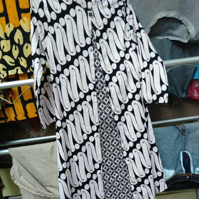 Dress Batik Tunik Lengan Panjang Bahan Katun Stretch Warna Navy, 125 Nv#