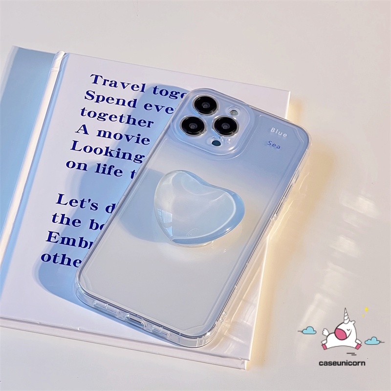 IPHONE Cute Love Heart Ring Holder Stand Bracket Back Case Kompatibel Untuk Iphone11 13 12 14 Pro Max7 8 Plus 6 6S X XS MAX SE 2020transparan Biru Gradiasi Lembut TPU Phone Cover