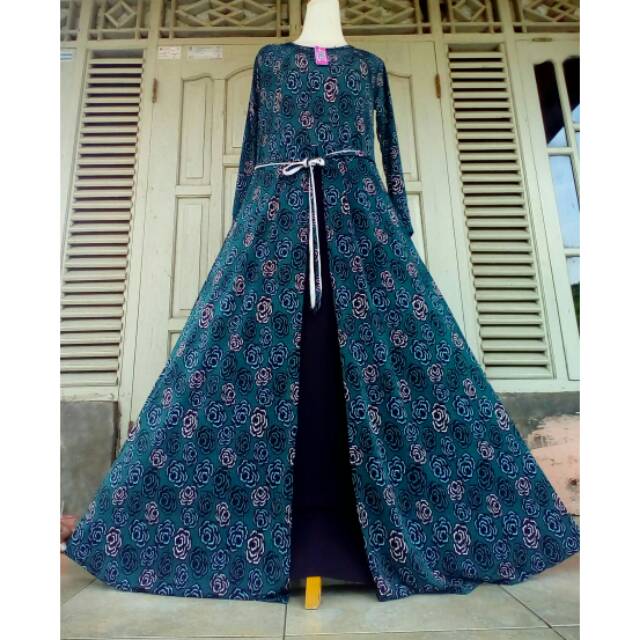 gamis dress maxi jersey kombinasi motif bunga mawar murah realpic