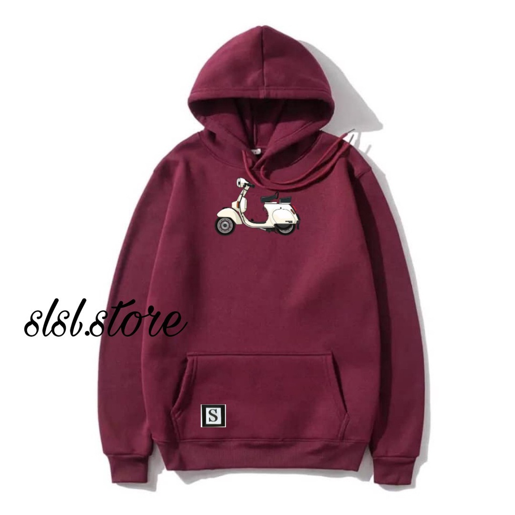 Hoodie Pria Oversize Bahan Cotton Flece Tebal Sablon Printing Warna Merah Maroon Gambar Vespa Jaket Pria Distro Bandung COD