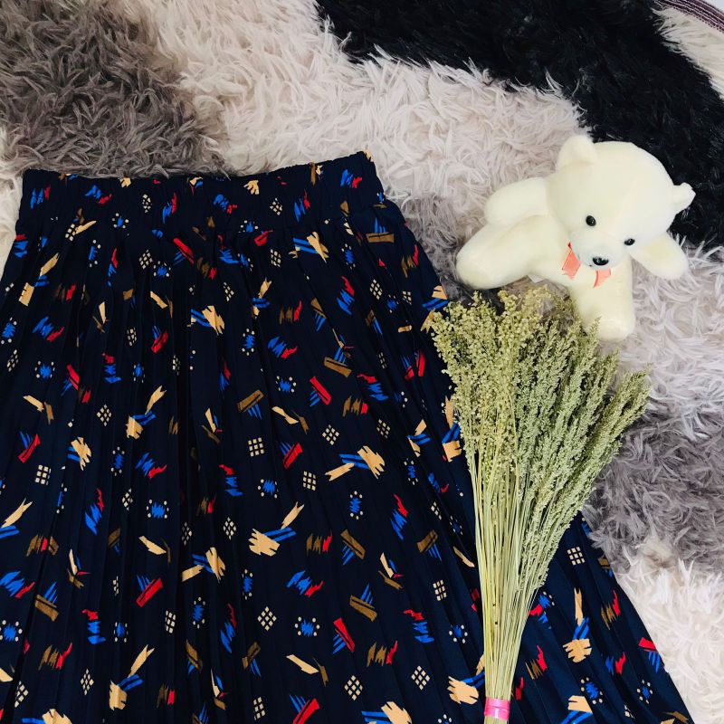 ROK PLISKET BUNGA DAISY / ROK PLISKET PREMIUM / ROK WANITA-abstrak navy