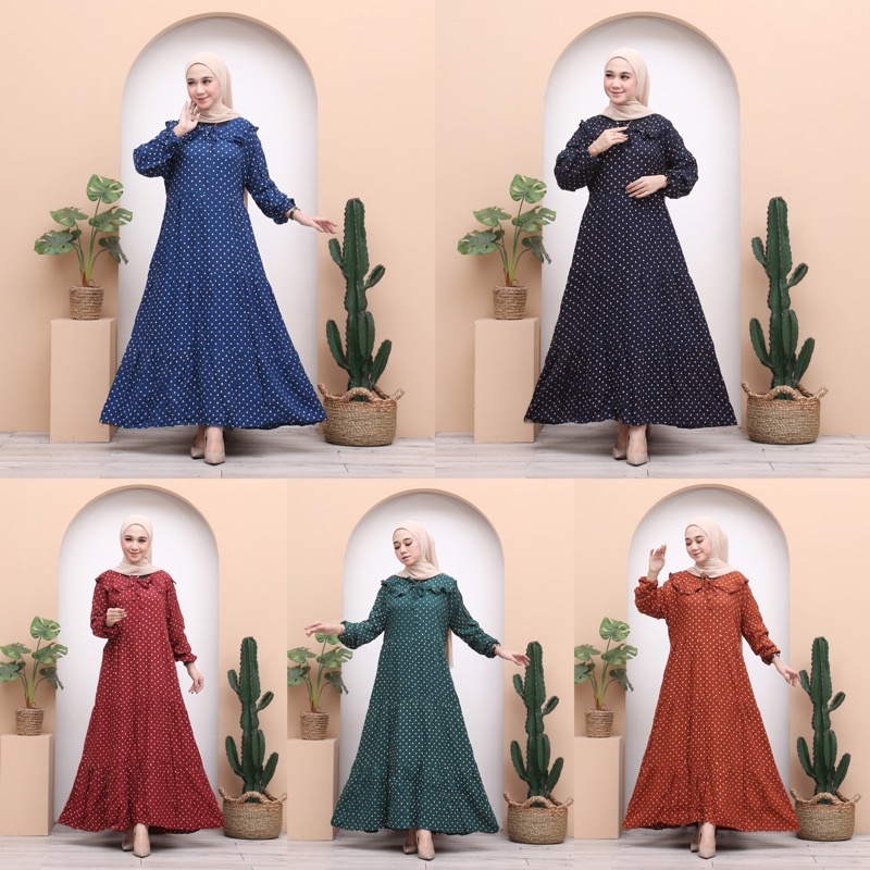 midi dress polka jumbo muat bb 95 gamis midi motif polkadot best Seller gamis rayon premium terbaru 