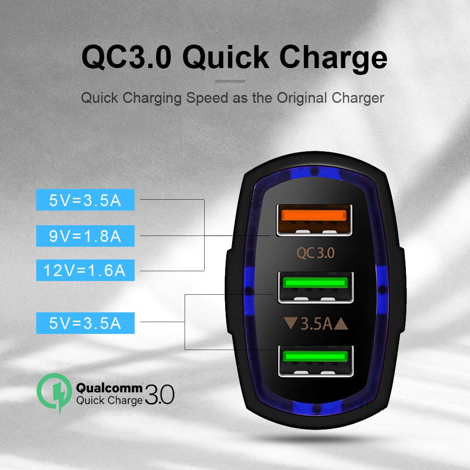 Fast Charging 3 Port Car Charger Qualcomm 3 in 1 Quick Charging Charger Mobil Batok Saver