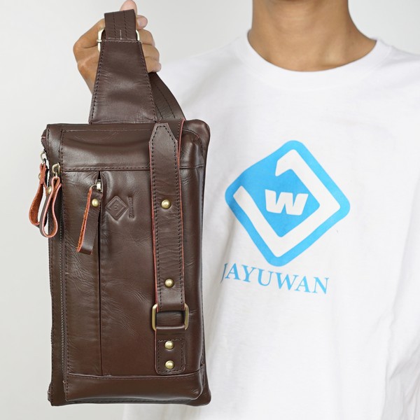 Jayuwan DB04 Tas Pria Exclusive Terbaru | Tas Selempang Kulit Sapi Asli | Sling Bag Pria Brown