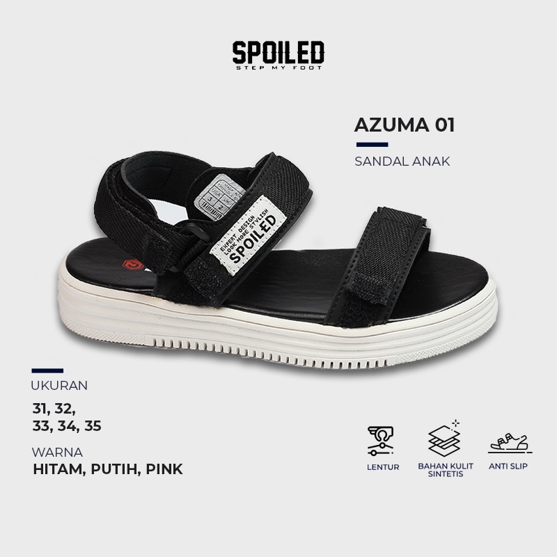 Sandal Gunung Anak Cewek Spoiled Azuma 01 Casual Tali Adjustable Size 31 32 33 34 35 Warna Hitam Put