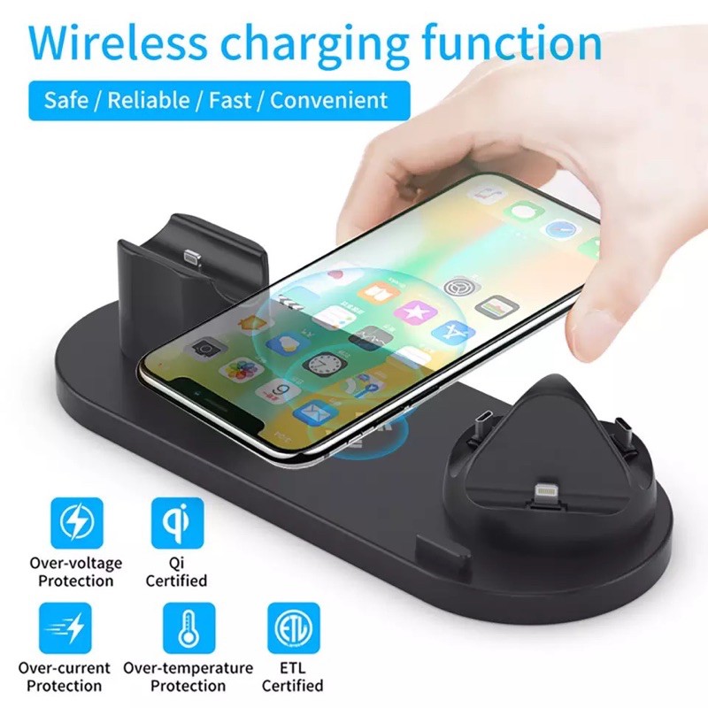 ELAVO 6 in 1 wireless charging Dock handphone 10W HP iphone 8 X XR XS 11 12 13 Pro max Mini  FAST Charging samsung s6 s7 s20 s10 note 8 9 10 apple watch 2 3 4 5 6 airpods 1 2 charger