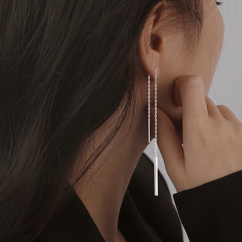 12 Cm 100% Nyata S925 Kawat tremella Anting-Anting Benang Telinga Menjuntai Anting-Anting Persegi Panjang Korea Fashion Perhiasan Hadiah