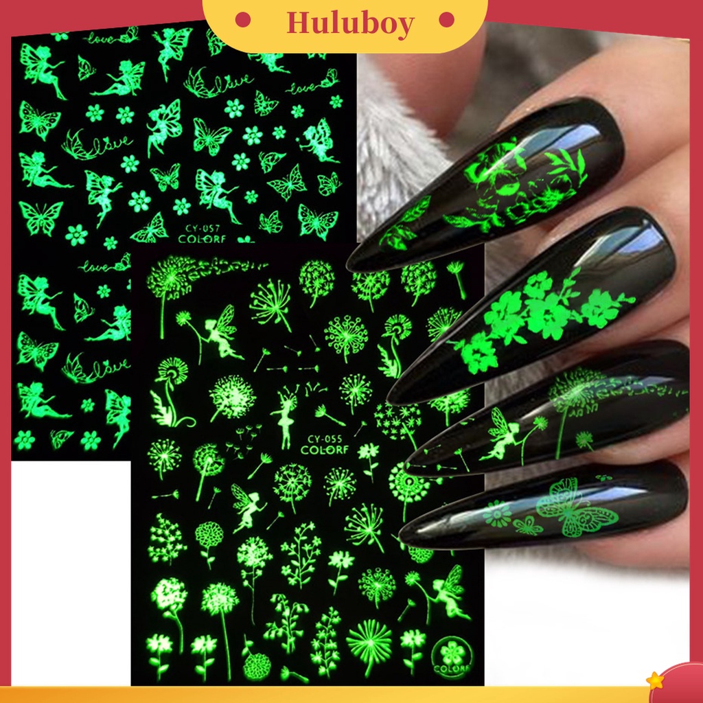 Huluboy Huluboy♡ 9 Pcs / Set Stiker Kuku 3D Glow In The Dark Desain Kupu-Kupu Bunga Slider Untuk Manicure