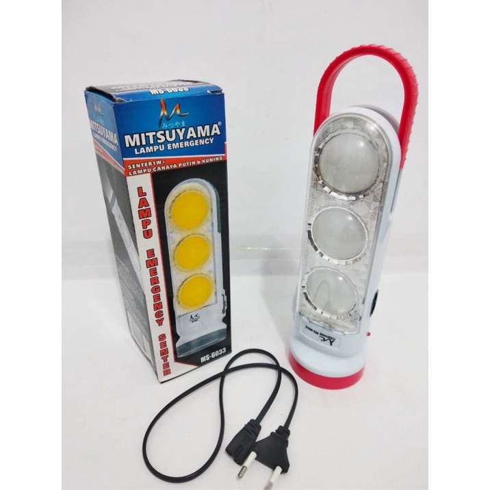 Lampu Emergency Mitsuyama Tiga Mata MS-6033 Lampu Cas Senter Cahaya Kuning dan Putih Super Terang