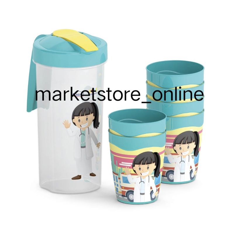 Teko Beranak 7 in 1 Water Jar Pochet + 6 Gelas Teko Gelas Plastik Profesi Set Round Water Jar & Glas