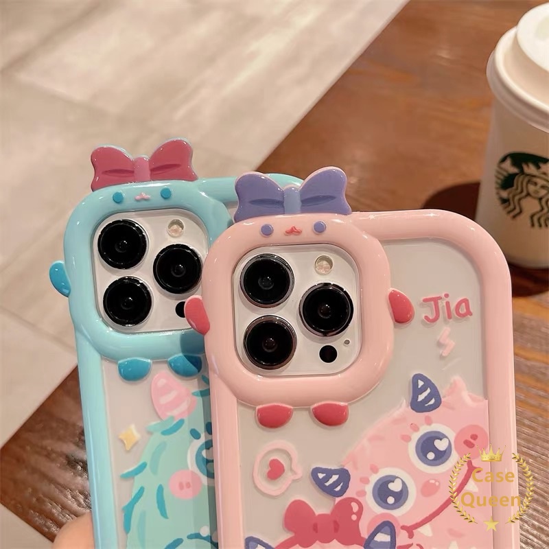 Case OPPO A7 A17 A17 A5S A12 A16 A57 A55 A9 A15s A54 A15 A5 A16s A3S A12E A53 A74 A17K A95 A16K A16E A52 A92 A96 A76 Reno 5F 4F A31 Kartun Monster Bow-knot Monster Kecil Tutup Lensa