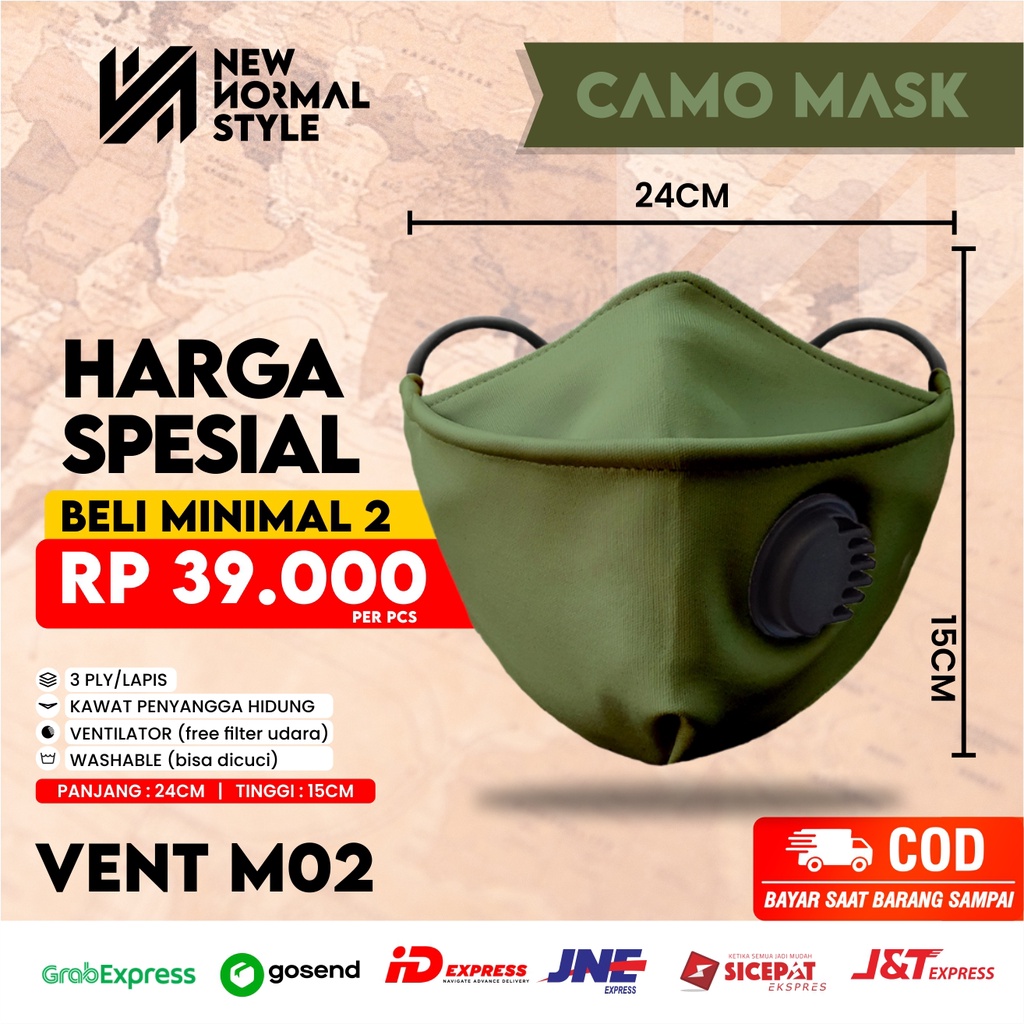 VENT M02 Masker Kain 3D 3 ply Lapis Respirator Hijab Korea Headloop Earloop Motif Pria Premium Keren