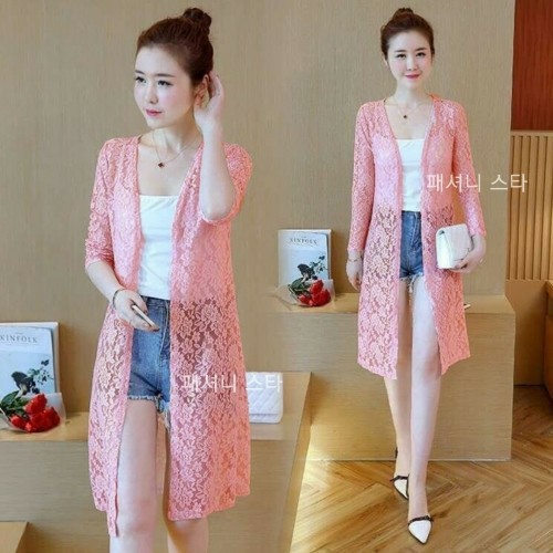 Kardigan Outerwear Wanita  Gardigan Cardigan Auter Cewek Panjang Kekinian Import Korea Bahan Brokat-Pink