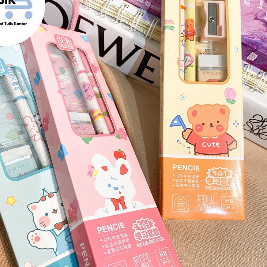 

7.7 SALE paket XIMI alat tulis set 5 in 1 murah bertali terjangkau pensil penggaris penghapus rautan hampers souvernir bagus lucu imut kado unik