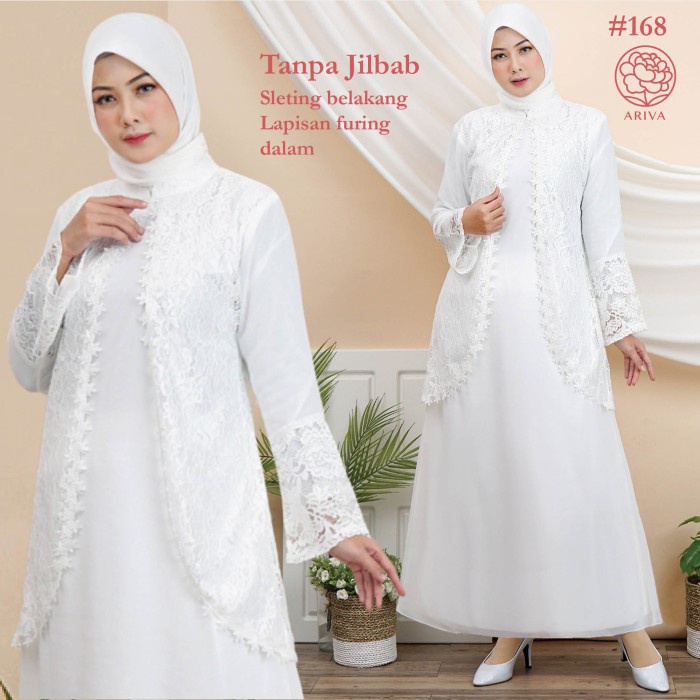 Gamis Putih Muslim Wanita Dress Brukat Lebaran Haji Umroh Manasik 168 - M