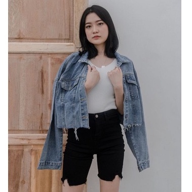 Jaket Jeans Denim Crop Oversize LD 100 - 140 cm I Jaket Sandwash Snow Acid Bianca I Cropped Denim Jacket | jaket jumbo | jaket korean oversize | jaket jeans oversize | jaket jumbo