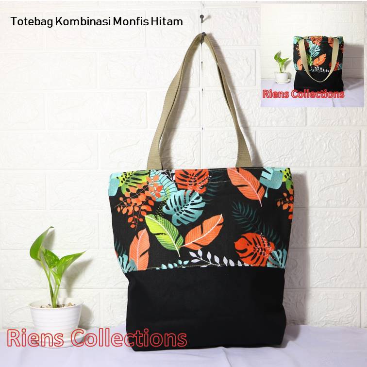 TAS KANVAS TOTEBAG KANVAS KOMBINASI MOTIF MONFIS HITAM. Riens Collections