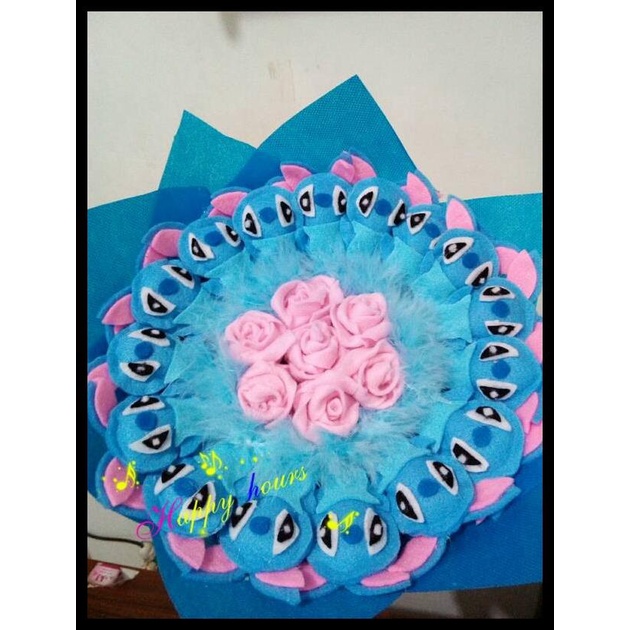 BUKET BOUQUET BONEKA VALENTINE WISUDA STITCH BUNGA PINK KODE 1027