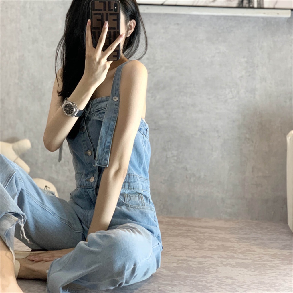 Design sense niche denim overalls summer dress ins wind high waist drape slim fit pants women s spri