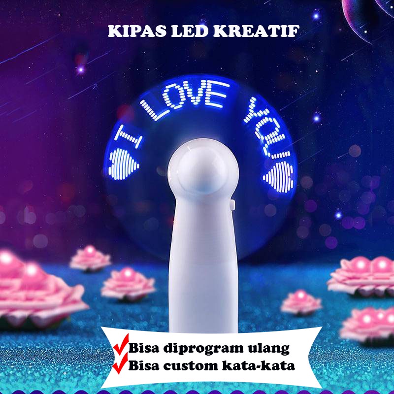 Kipas Tangan LED Mini Custom Tulisan I Love You Untuk Souvenir Hadiah Kado Ulang Tahun Cewek Cowok |