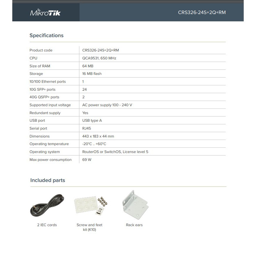 MikroTik CRS 326 24S+ 2Q+ RM CRS326-24S+2Q+RM