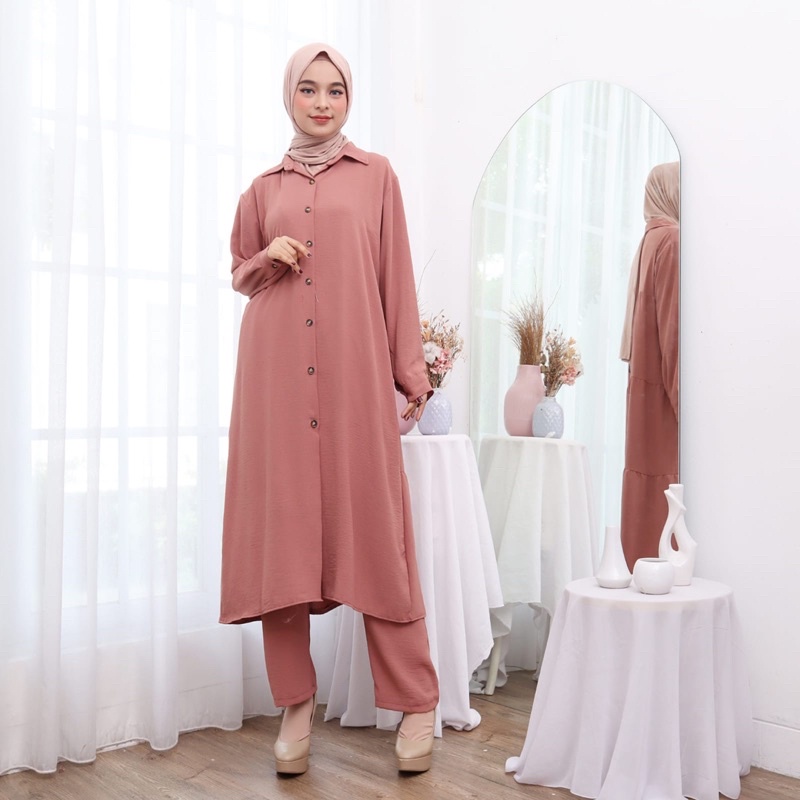 SETCEL TUNIK BELLA STELAN CELANA LONG TUNIK RAYON CRINKLE KANCING BUSUI BUMIL JUMBO BIGSIZE XXL KARET MELAR GROSIR