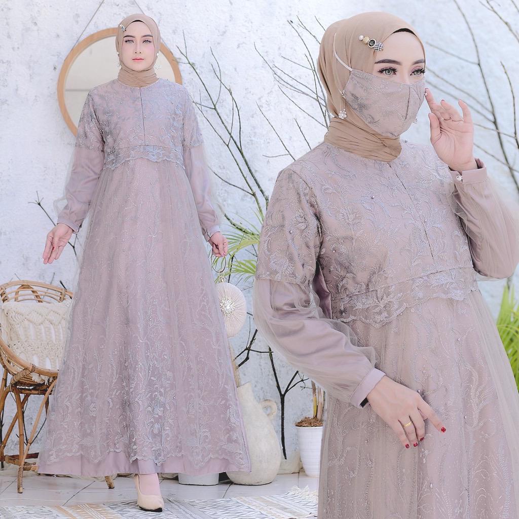 (Free Masker Brukat) SELVINA Gamis Terbaru Busui Satin mix Brukat Tile Mutiara Kombinasi / Maxi Dress Wanita Size S-M, L , XL, XXL / Gamis Pesta / Gamis Kondangan