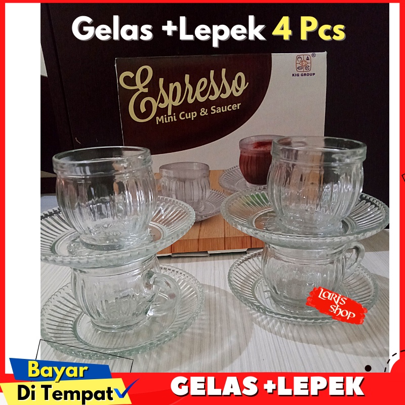 Gelas Cangkir Kecil Kaca Beling Set Lepek (4Pcs)