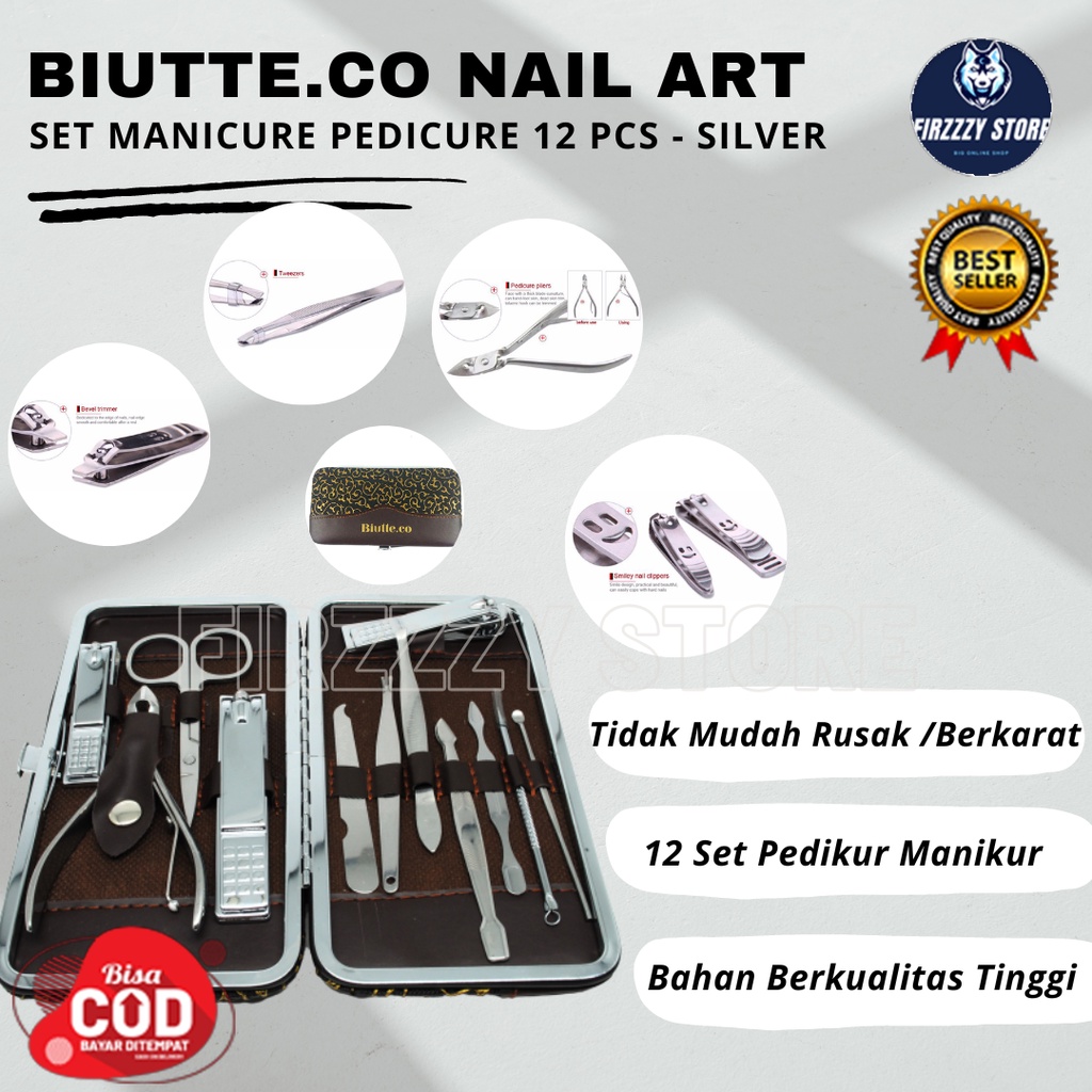 Biutte.co Nail Art Set Manicure Pedicure 12 PCS - Silver