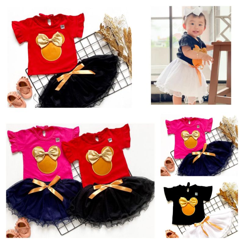 [0-18M] FREE BANDO !! Setelan Rok tutu gotik fashion anak bayi perempuan Pink Tutu TSUM TSUM POMPOM MINNIE MOUSE FREE BANDO/ hampers gift baby girl / setelan rok tutu bayi premium megar