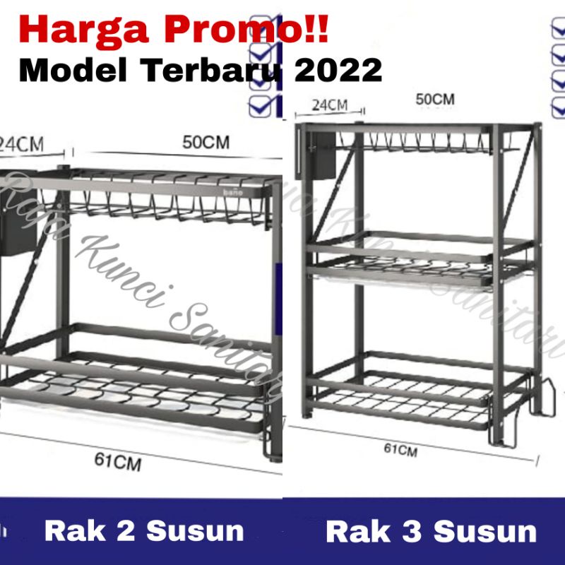 Rak Piring Portable/Rak Dapur/2 Susun/3 Susun/Stainless Steel Hitam/Black/61 cm