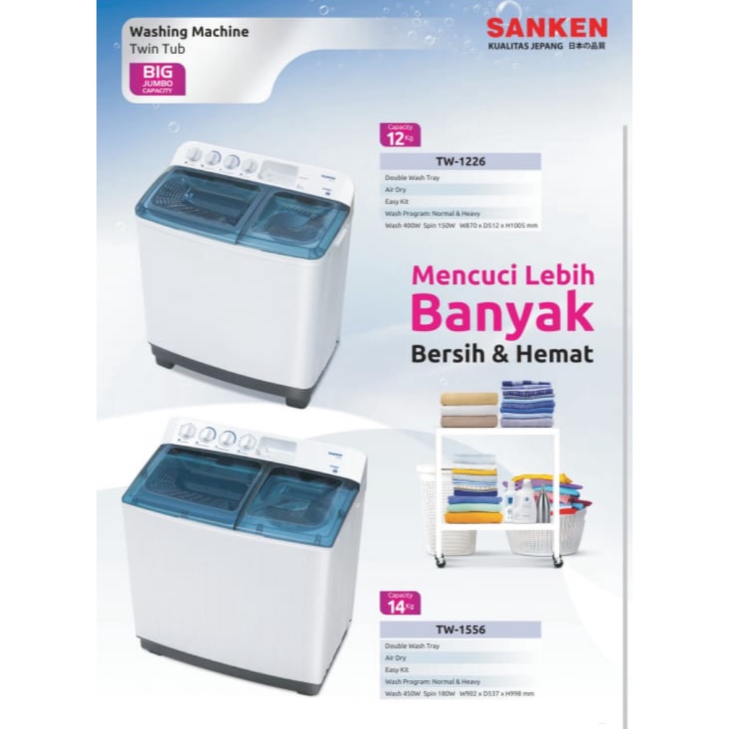 MESIN CUCI SANKEN TW 1226 - TW 1556 / 2 TABUNG 12 KG - 14 KG Kapasitas Besar Low Watt