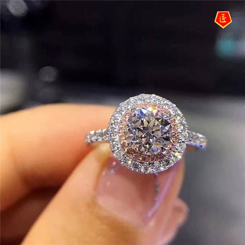 [Ready Stock]Round Gem Ring Pink Diamond Rose Gold Color Separation Luxury Elegant